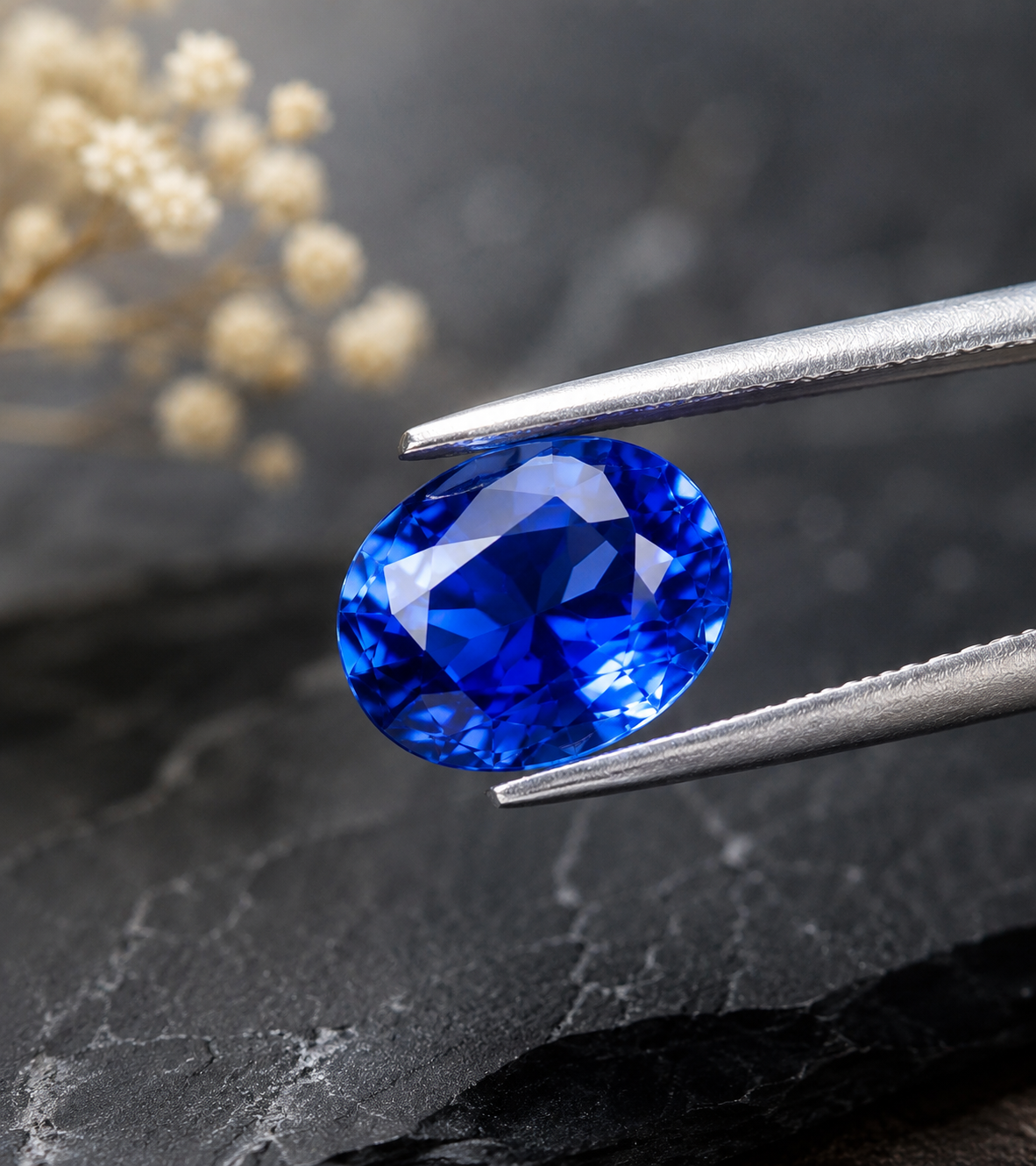 Royal blue Ceylon sapphire examined with gem tweezers