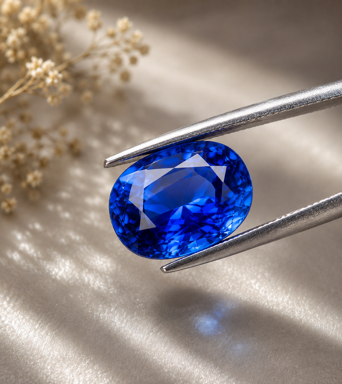 Cornflower blue Ceylon sapphire displayed with gem tweezers